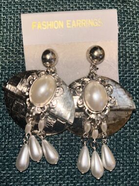Vintage Silver-Tone Pearl Chandelier Earrings